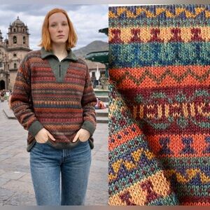 100% Peruvian 🦙Alpaca Multicolor Traditionally Patterned Sweater L